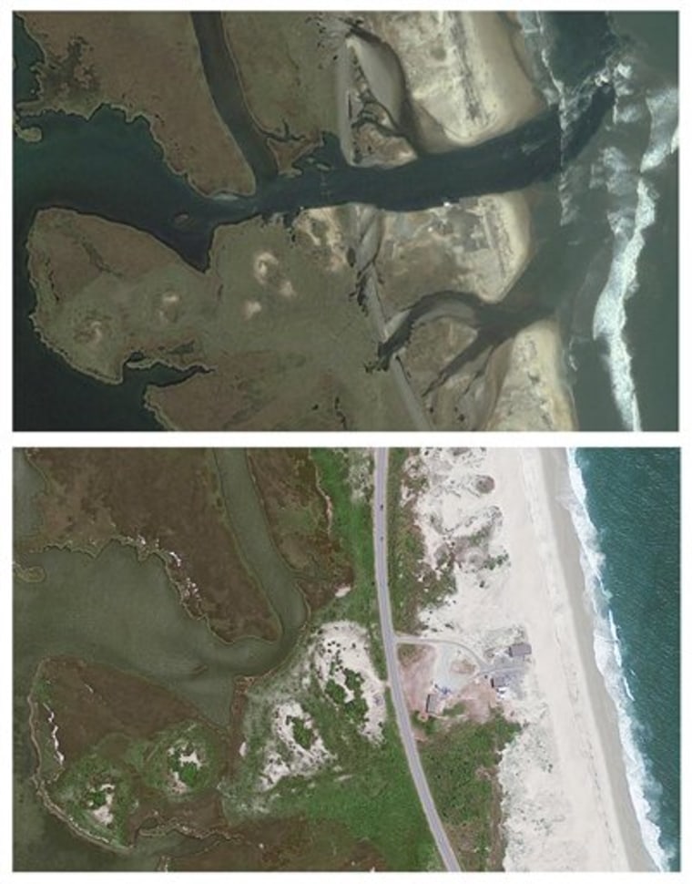 This file combination of two satellite images provided by GeoEye shows, above, an area of Hatteras Island, N.C., after Hurricane Irene washed out Highway 12 and, below, the same area of Hatteras Island taken on June 12, 2011, before the island was cut off from the mainland.